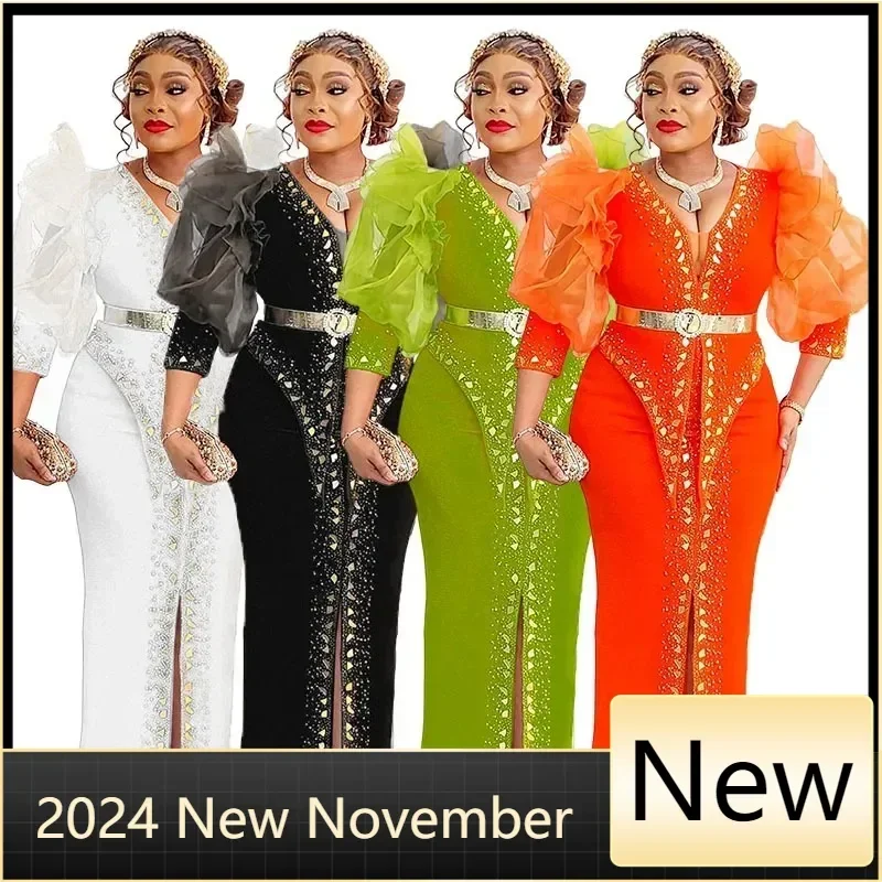 

Customized Plus Size African Party Evening Dresses for Women Elegant Autumn African Long Sleeve Diamond Wedding Christmas Dress