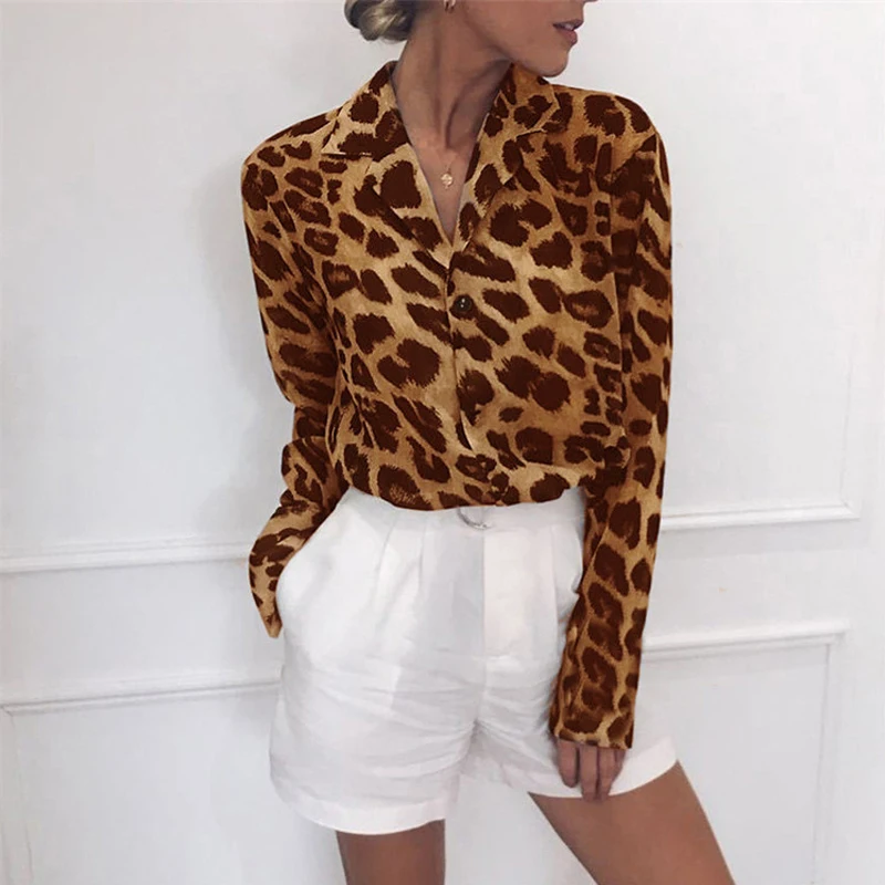 Blusa de gasa de manga larga con estampado de leopardo para mujer, blusa Sexy con cuello vuelto, camisa de oficina para mujer, Túnica informal