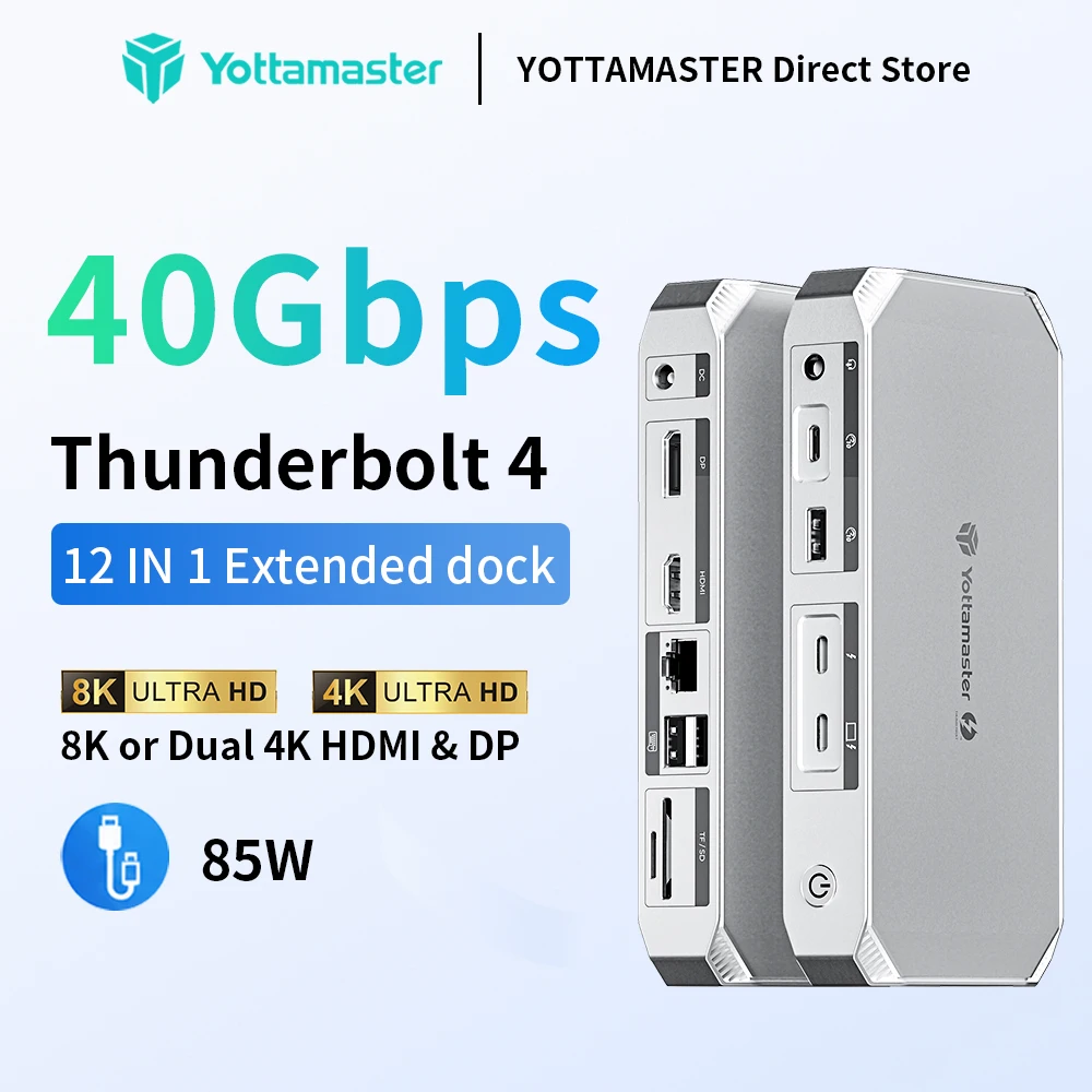 Yottamaster 40Gbps Thunderbolt 4 Dock 12 in 1 USB C Thunderbolt Hub 85W PD Charging Dual Monitor Single 8K or Dual 4K HDMI & DP