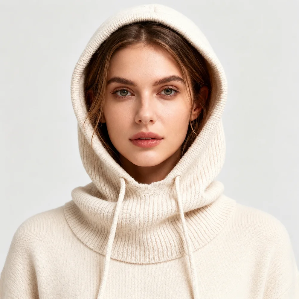 Ribbed Knit Hooded Scarf Beani - Beanie Winter Hat 评论和价格