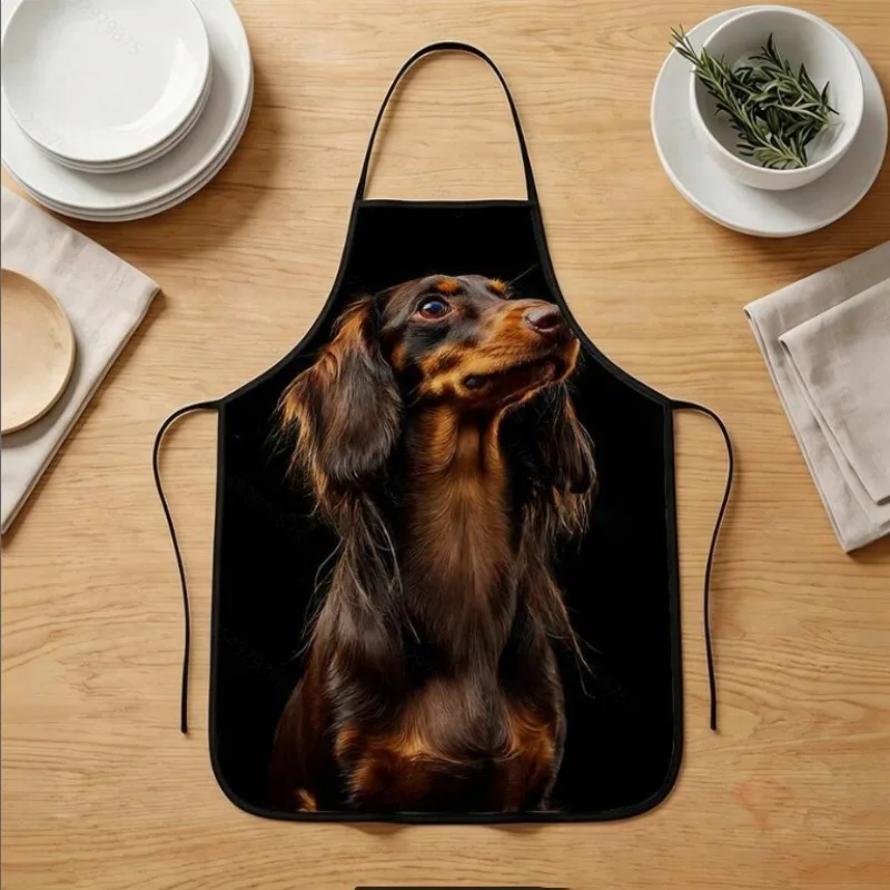 1pc Black Unisex Kitchen Cooking Apron With Golden Retriever Dog Print Adjustable Home Kitchen Baking Work Apron For Men And Wom