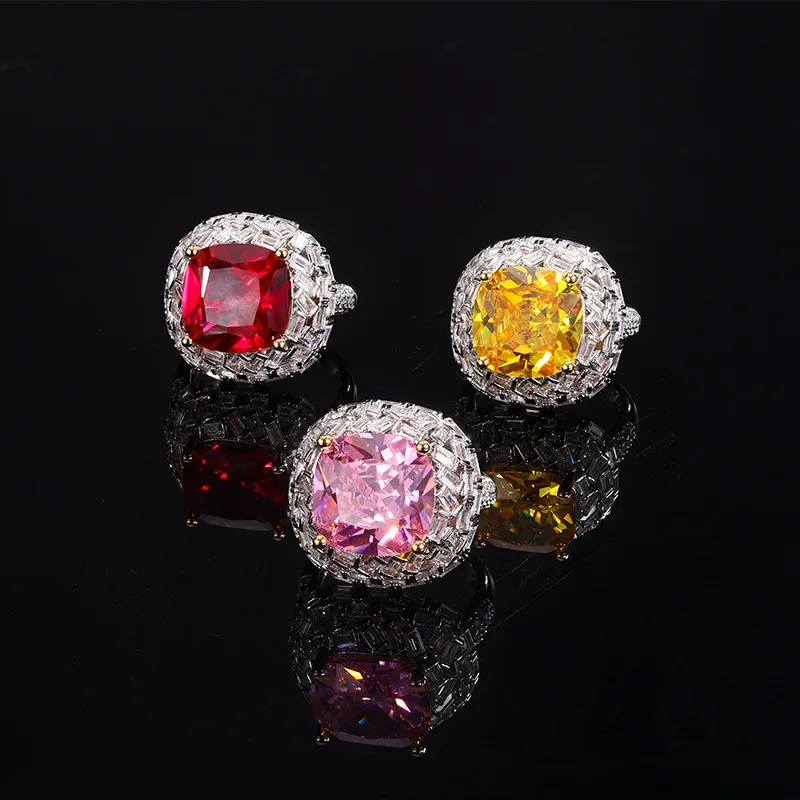 

Colorful Treasure Square Color-Plated Pink Diamond Yellow Diamond Red Corundum Ring Copper Jewelry Zircon Ring Adjustable Wholes