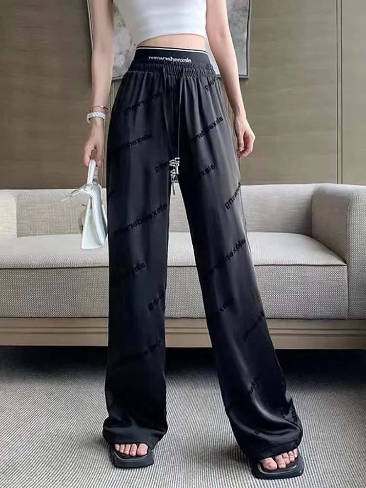 

Black Ice Silk Letter Flocking Wide Leg Pants Women Chic Loose High Waist Thin Straight Trousers Summer Street Floor-length Pant