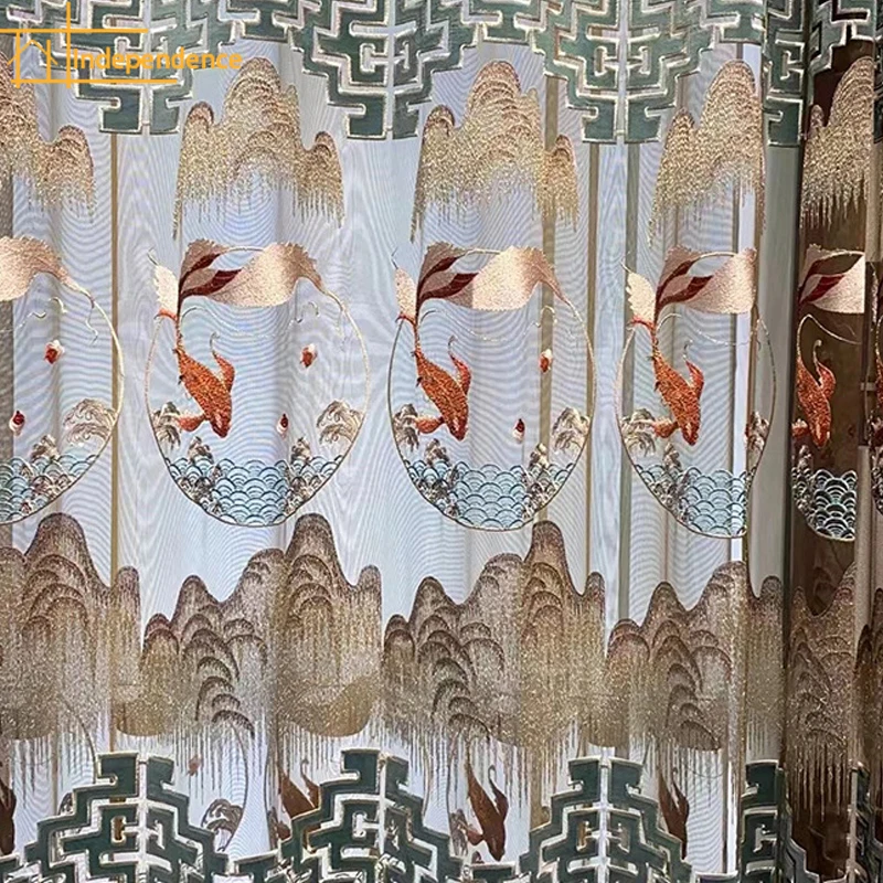 

Chinese Style Embroidery Hollowed Out Flannelette Splicing Curtains for Living Room Bedroom French Window Study Customization