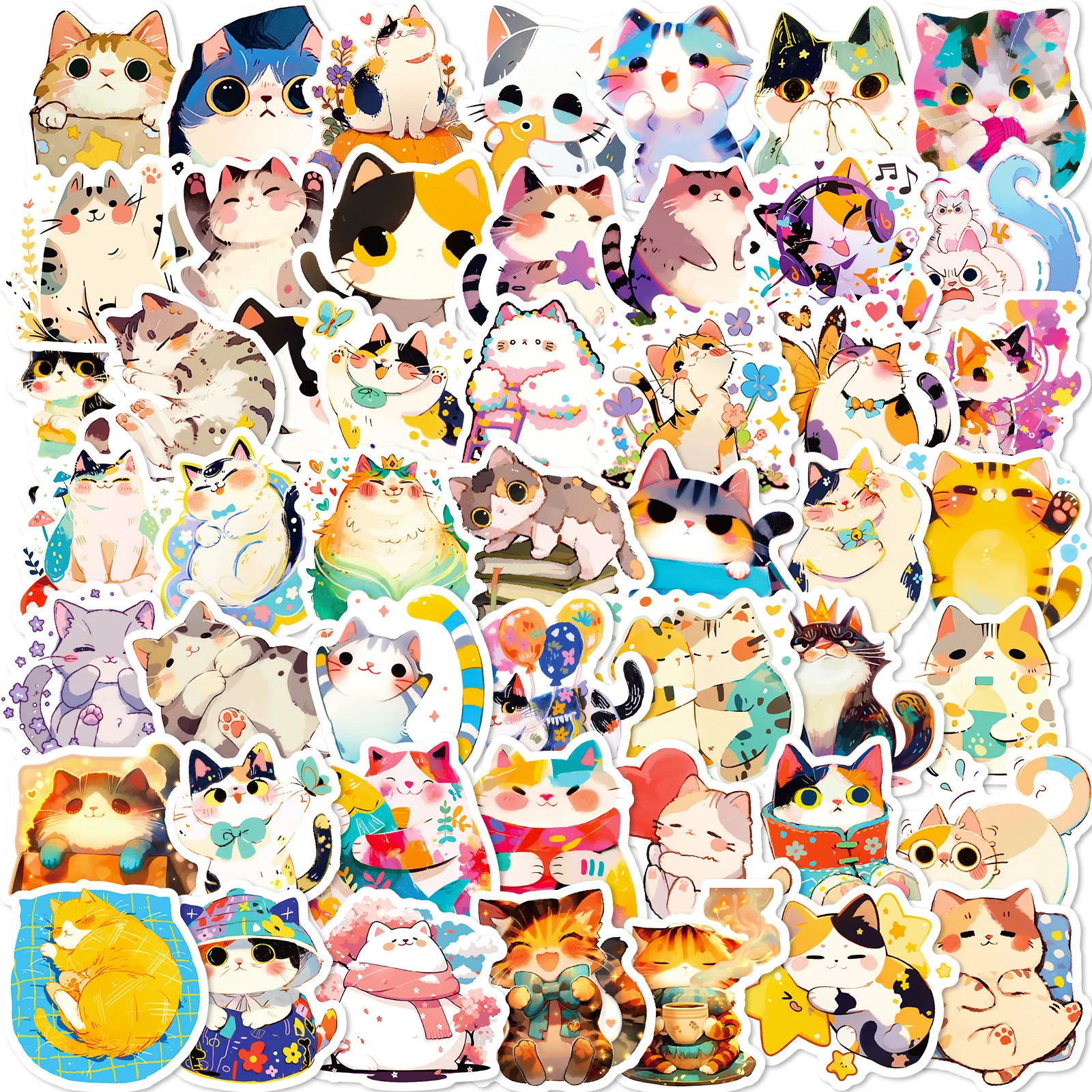 50 Stück süße Aquarell-Katzen-Aufkleber, japanische Kawaii-Vinyl-Aufkleber für Journaling-Laptops, Wasserflaschen, Weihnachtsgeschenk für Kinder