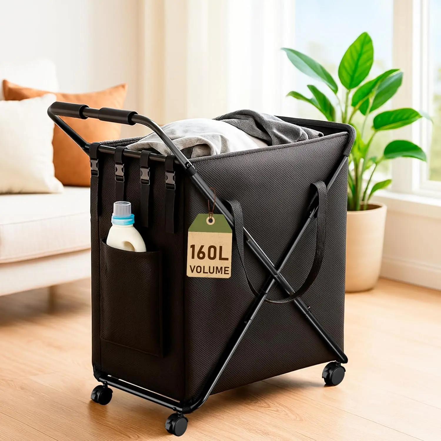 

Large Rolling Laundry Basket with Wheels, 160L Capacity, Metal Frame & Removable Bag for Easy Transport