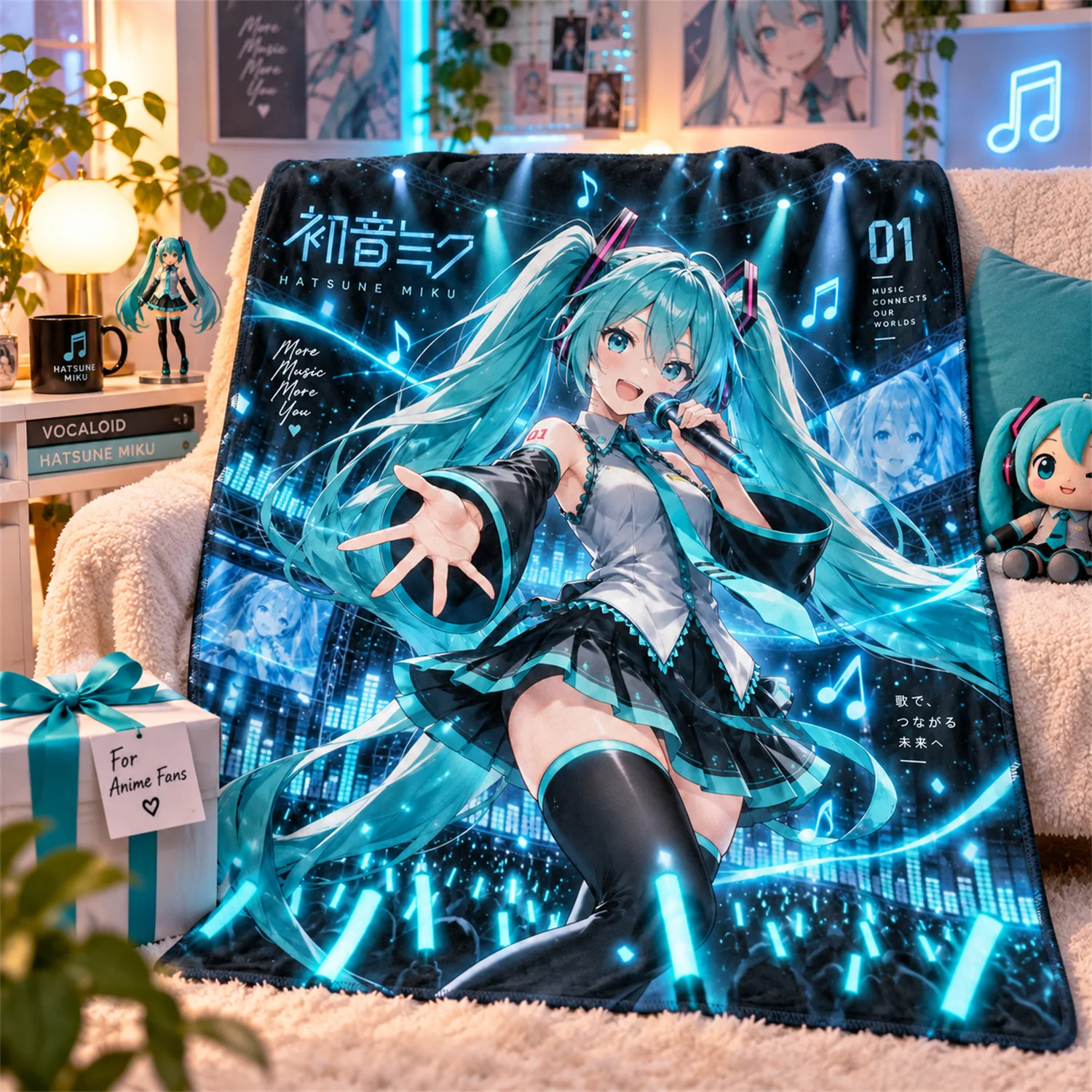 Hatsune Miku Anime-Decke, weiche Plüsch-Fleece-Decke, Musik-Thema, Grafikdruck, Heimdekoration, Geschenk für Anime-Fans, gemütliche Bettdecke