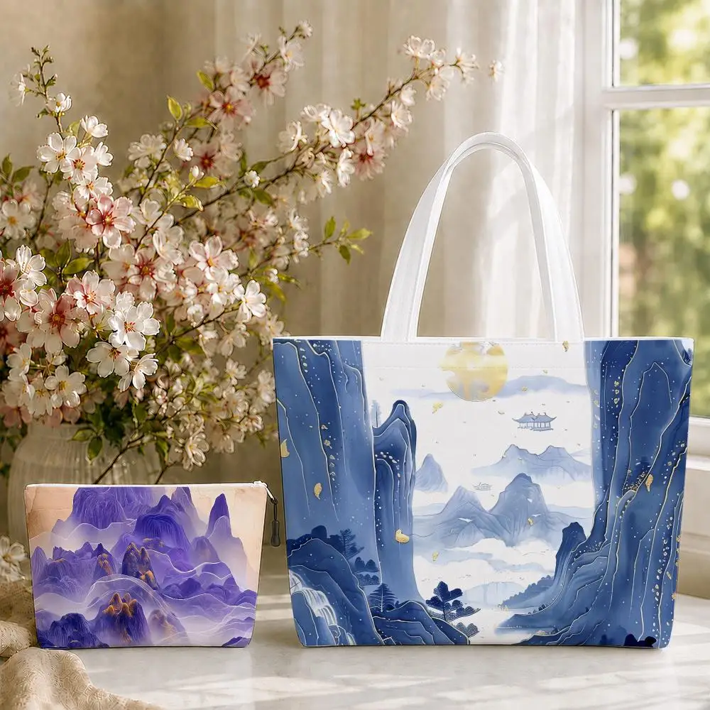 Purple Mountain Storage Bags 2-Piece Set Double-Sided Printed Canvas Tote Bags with Zipper Shopping Shoulder Handbags