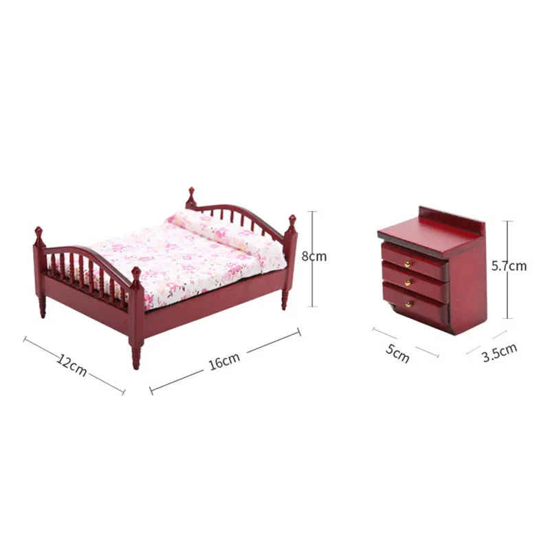 1:12 acessórios para casa de bonecas, decoração de cena de casa de brincar, mini móveis, quarto, tecido de madeira europeu, cama de casal, conjunto de mesa de cabeceira