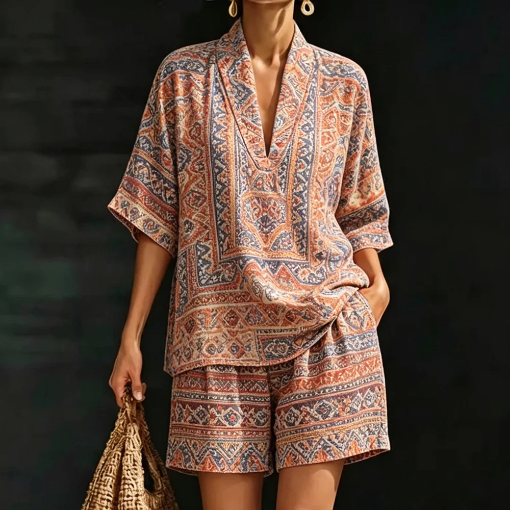 

Women's Bohemian Orange Printed Summer Two Piece Set Loose Short Sleeve Top With Matching Shorts Casual Holiday Outfit For Women