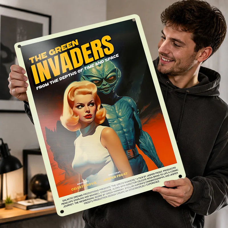 Space Invaders Textured Posters Personalized Aluminum Metal Sign Retro Epic Quest Illustration Wall Art Ideal In Gaming Lounge