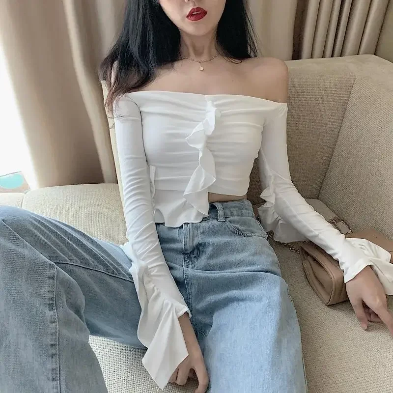 Korean Sexy Off Shoulder High Waist Irregular Ruffles Crop Tops Tshirts Women Long Sleeve Camisetas Slim Short White Y2k Tees