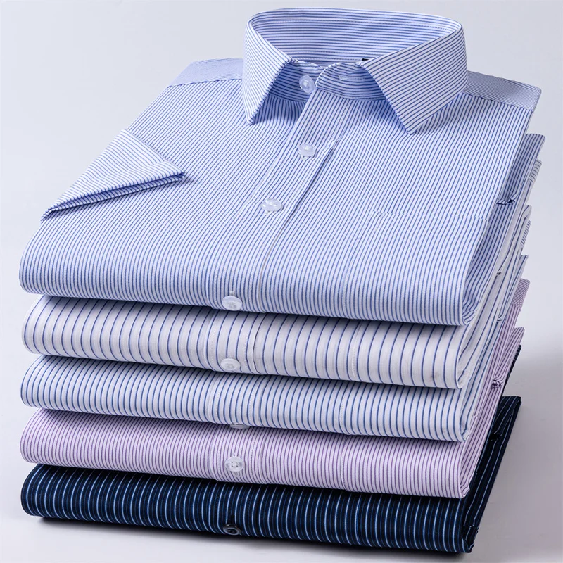 Men Formal Shirt Short Sleeve Office Solid Color Striped Fashion Business Pocket White Social Shirt Men's Clothing 5XL 6XL