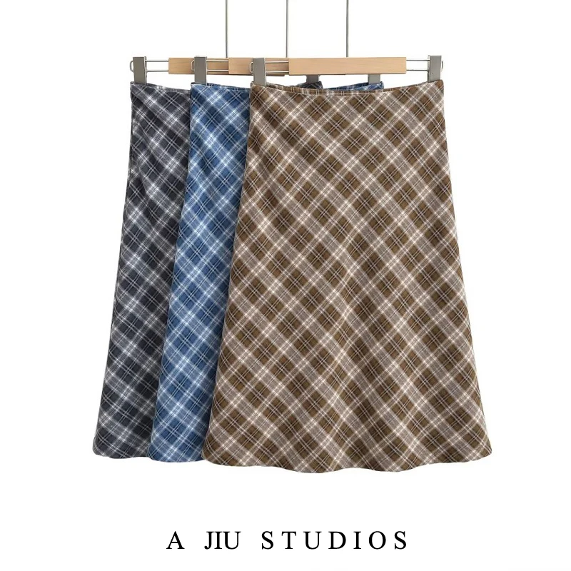 

Юбка в клетку в стиле ретро в американском стиле для средней школы, женская весенне-осенняя облегающая юбка с хвостом Fi, юбка средней длины с запахом