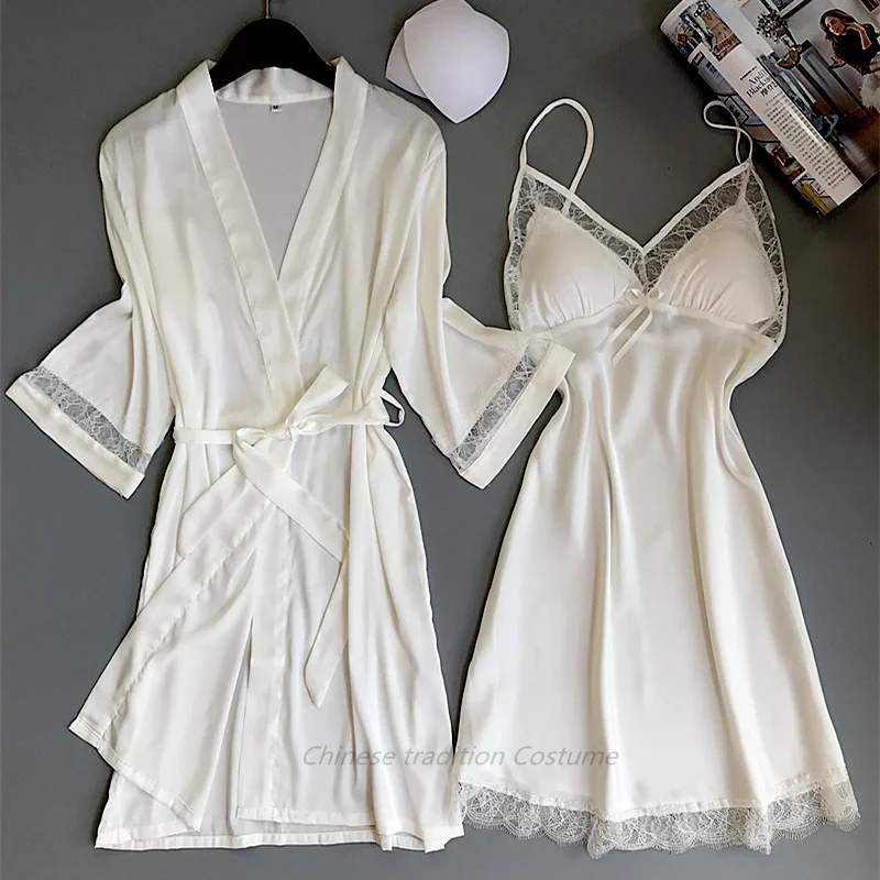 Wedding Bride Twinset Robe Set Elegant Sleepwear Women Satin Kimono Bathrobe Suit Sexy Lace Hollow Out Nightgown Casual Homewear