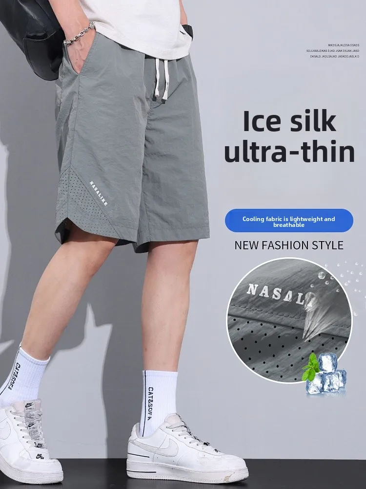 

Ice Silk Loose Fit Summer orts Men's Thin Sports Beach Pants Qui Dry Breathable Five-Quarter Length Casual Trousers