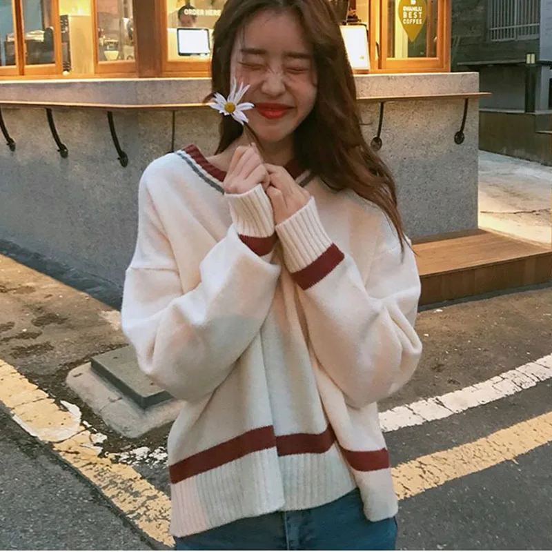 

V-Neck Contrast Striped Simple Knit Sweater 2023 Autumn Winter Fashion Women Sweater Preppy Style Loose Elegant Pullover Sweater