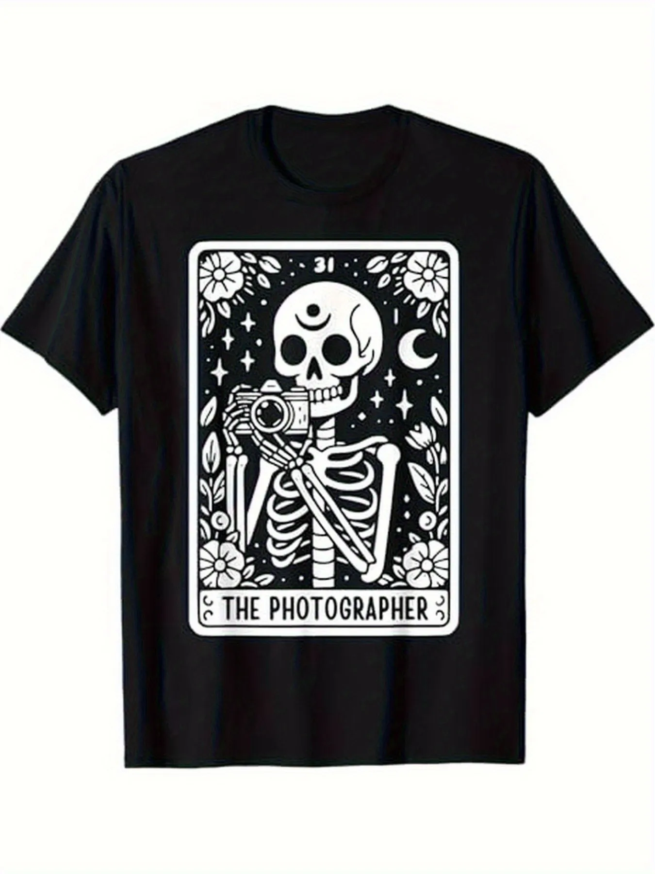 2026 Summer Men's Photographer Skeleton Print T-Shirt Stylish and Casual Tee Streetwear Oversized Loose Casual Short Sleeve