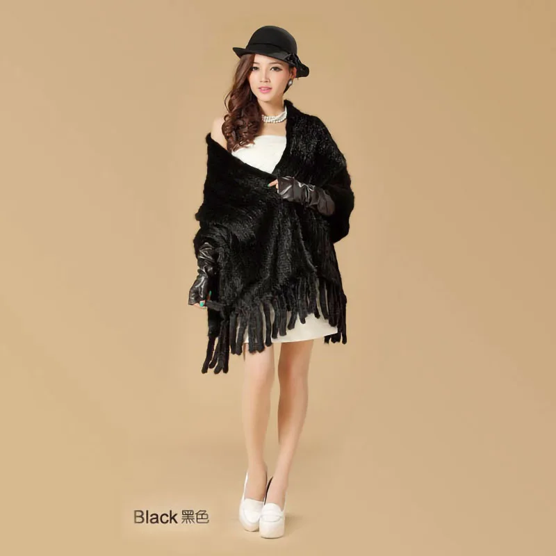 Mink cape fur mink knitted tassel large cape scarf Black mink fur shawl with pocket and fringes Fur scarf