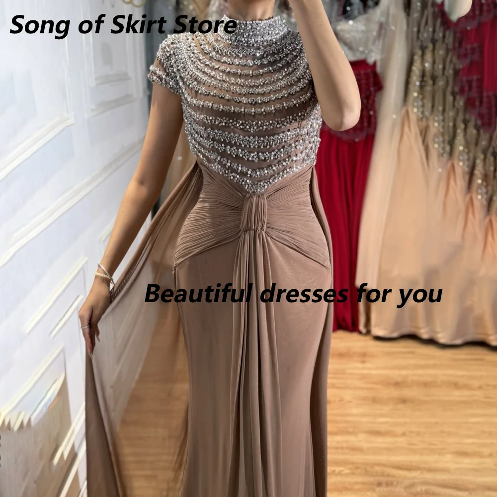 Customized Mocha Mermaid Mother Of The Bride Gown High Neck Sheer Beaded Twist Waist Draped Cape Chiffon Wedding Guest Dress image 4