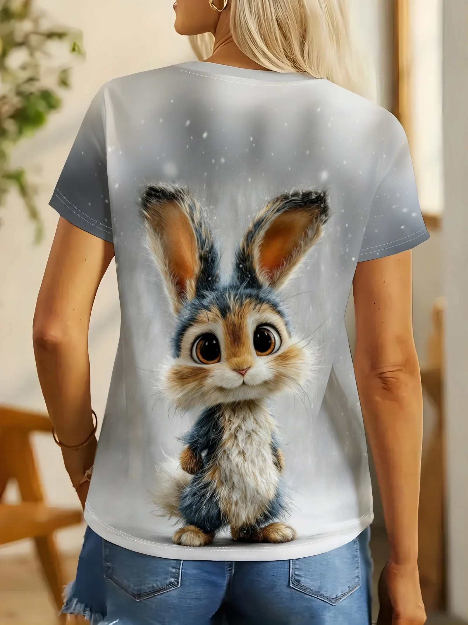 Women's T-shirt Cute Fluffy Bunny Snowy Print Short Sleeve Top Summer Casual Crew Neck Ladies Daily Clothes