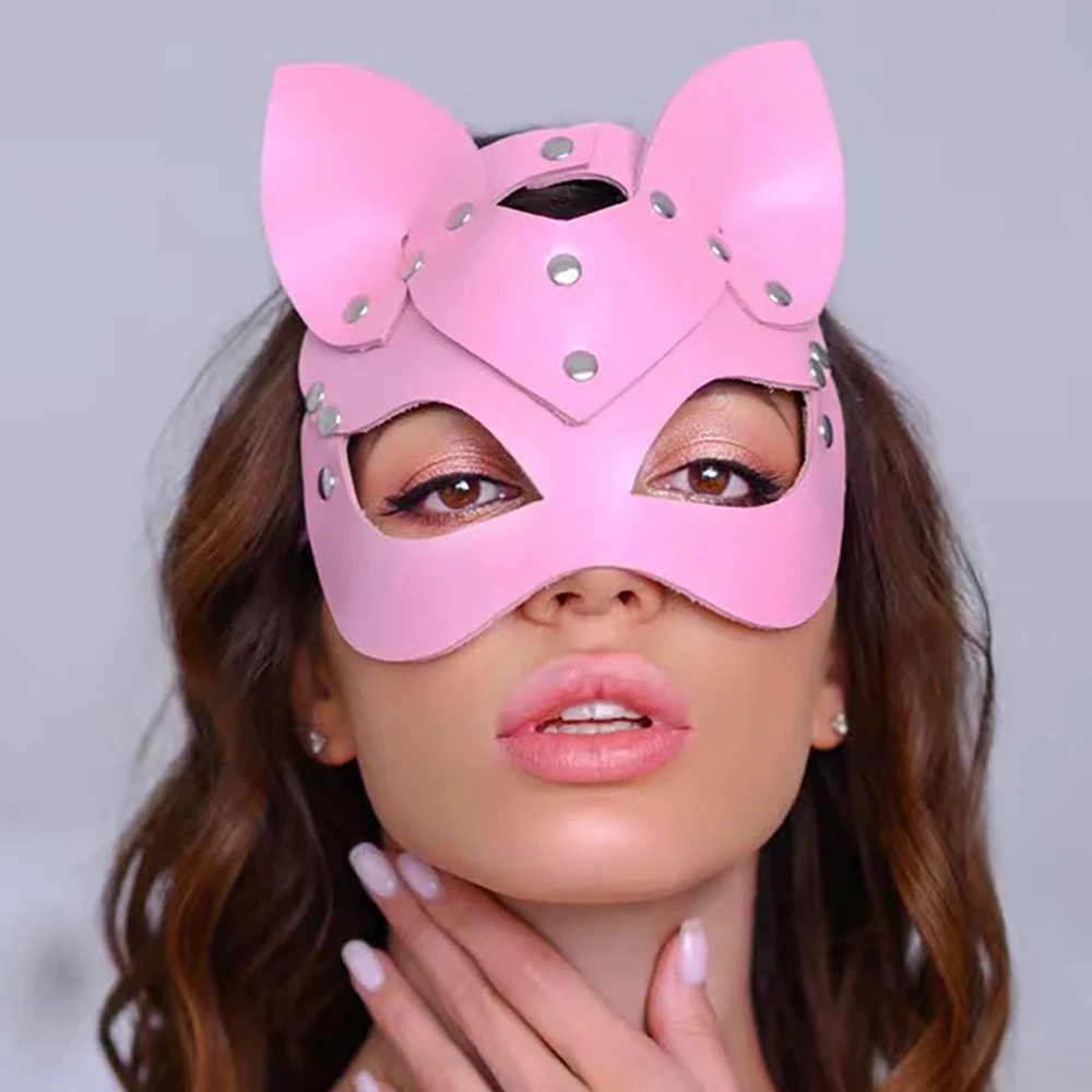 Vrouwen Mannen Sexy Roze Kat Masker Lederen Half Gezichtsmaskers Maskerade Bal Cosplay Games Fancy Maskers Bdsm Erotische Kleding Accessorie