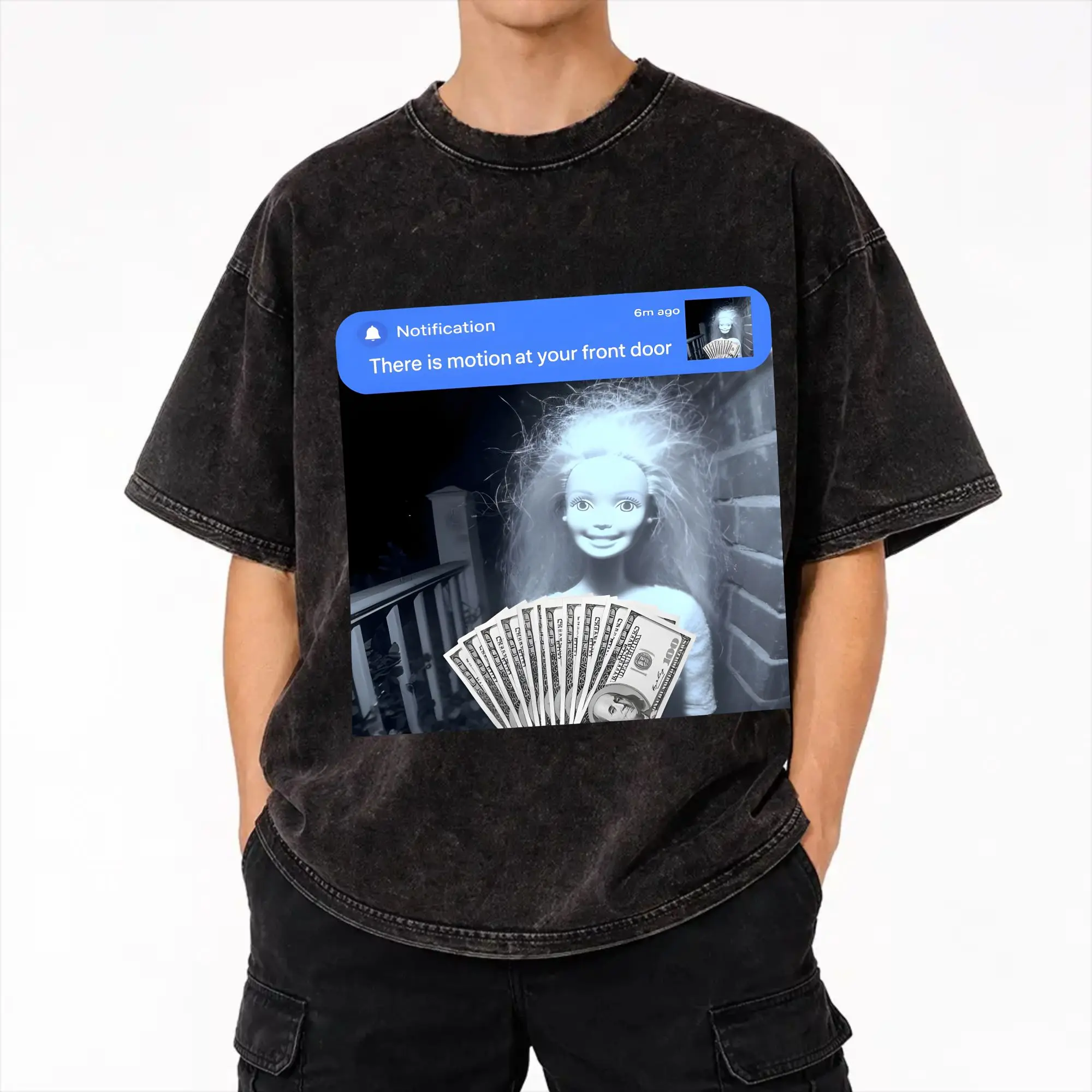 Harajuku Washed Shirt doll face meme there is motion at your front door  Merch Vintage T-Shirts High Street  Streetwear