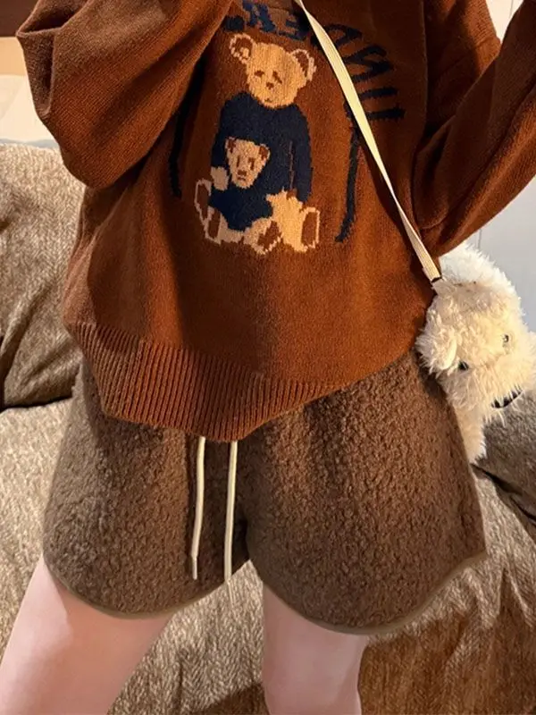 Ladies High Waist Drawstring Loose Casual Pants Sheepskin Short Boots Warmth Outerwear Soft Lazy Style Polyester Fiber