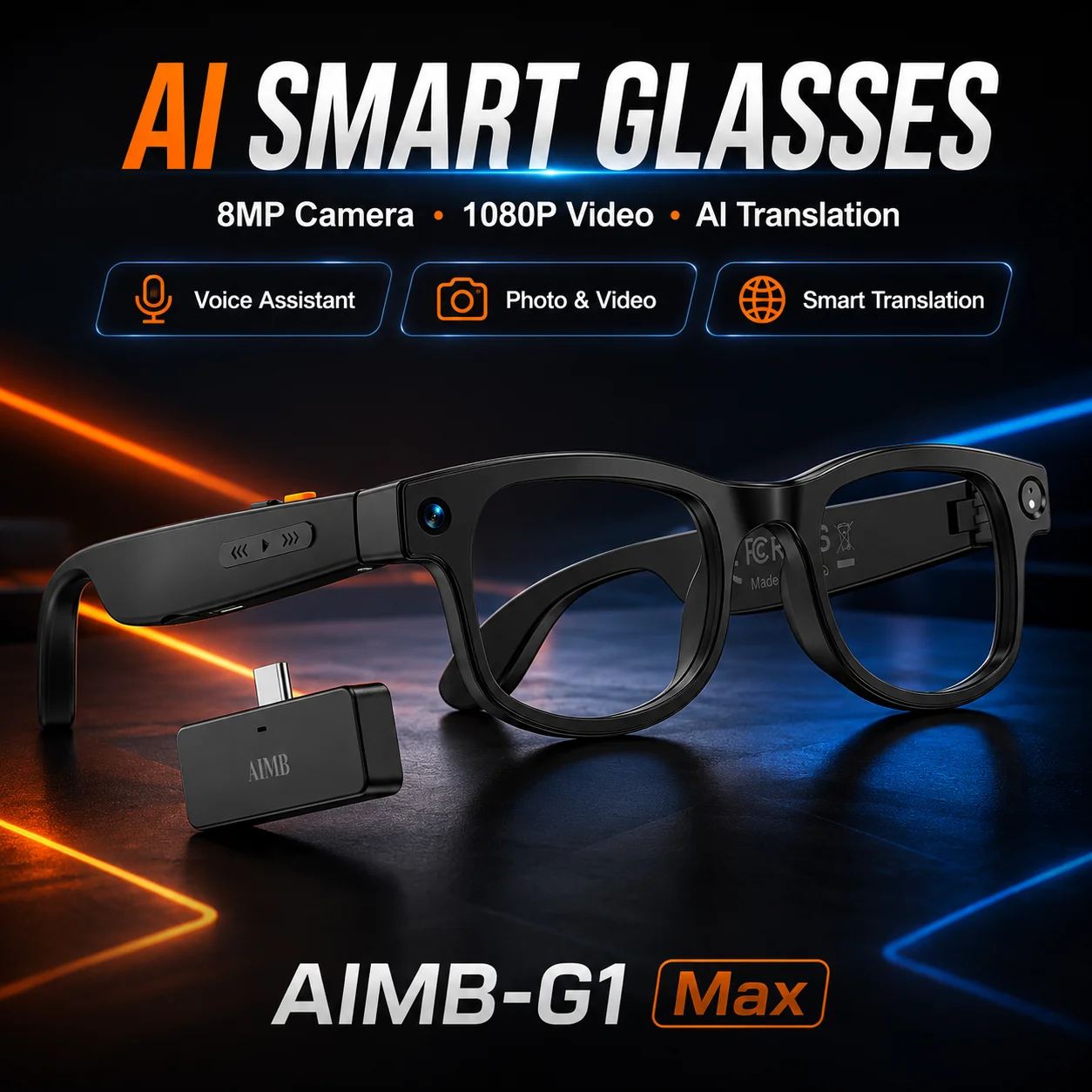AI Smart Glasses 8MP Camera 1080P Video Translation Voice Assistant Dual Mic Photochromic UV400 Bluetooth Eyewear