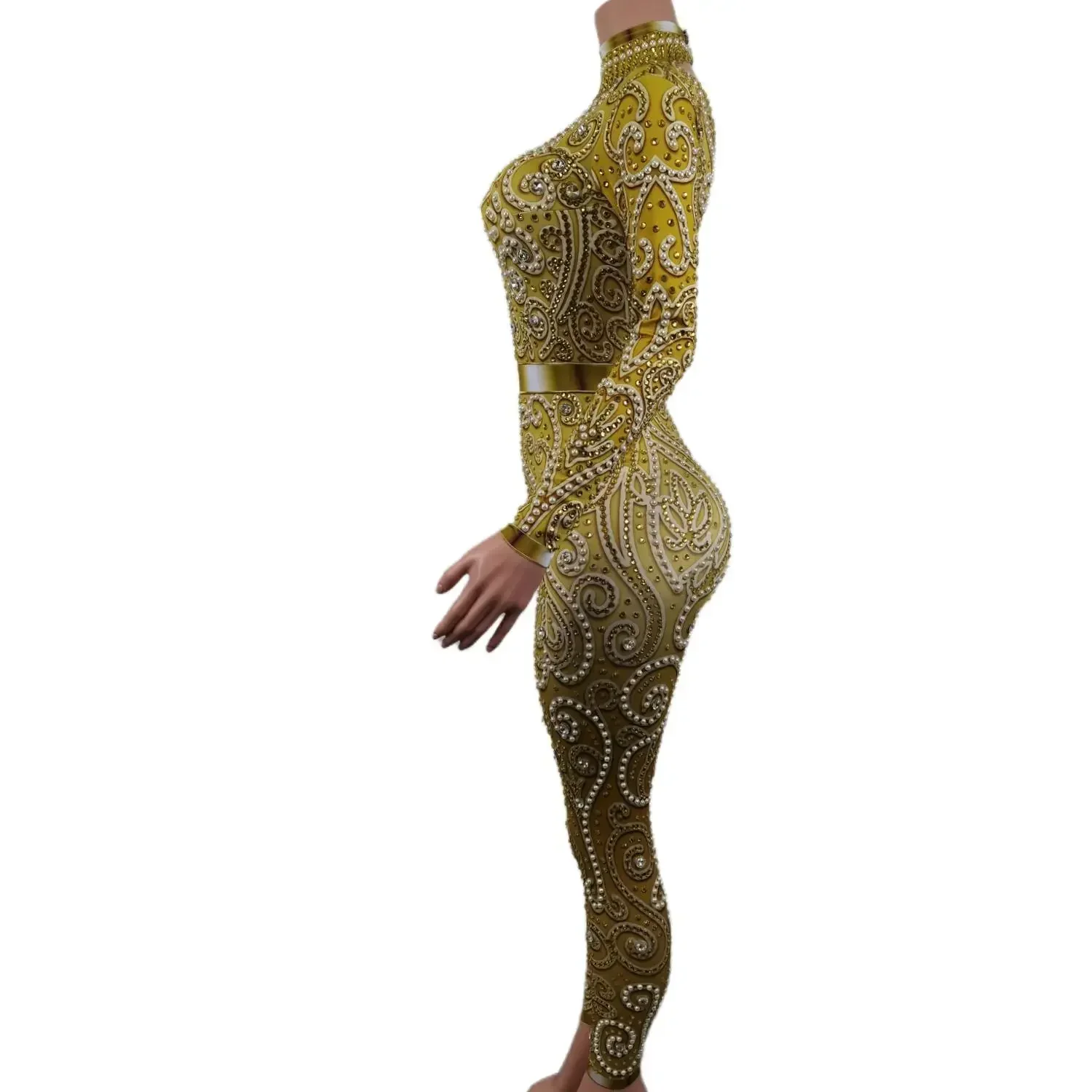 Rhinestones Gold Pearl Jumpsuit Long Sleeve Birthday Party Outfit Dancer Singer Show Rompers Stage Wear Event showgirl outfit
