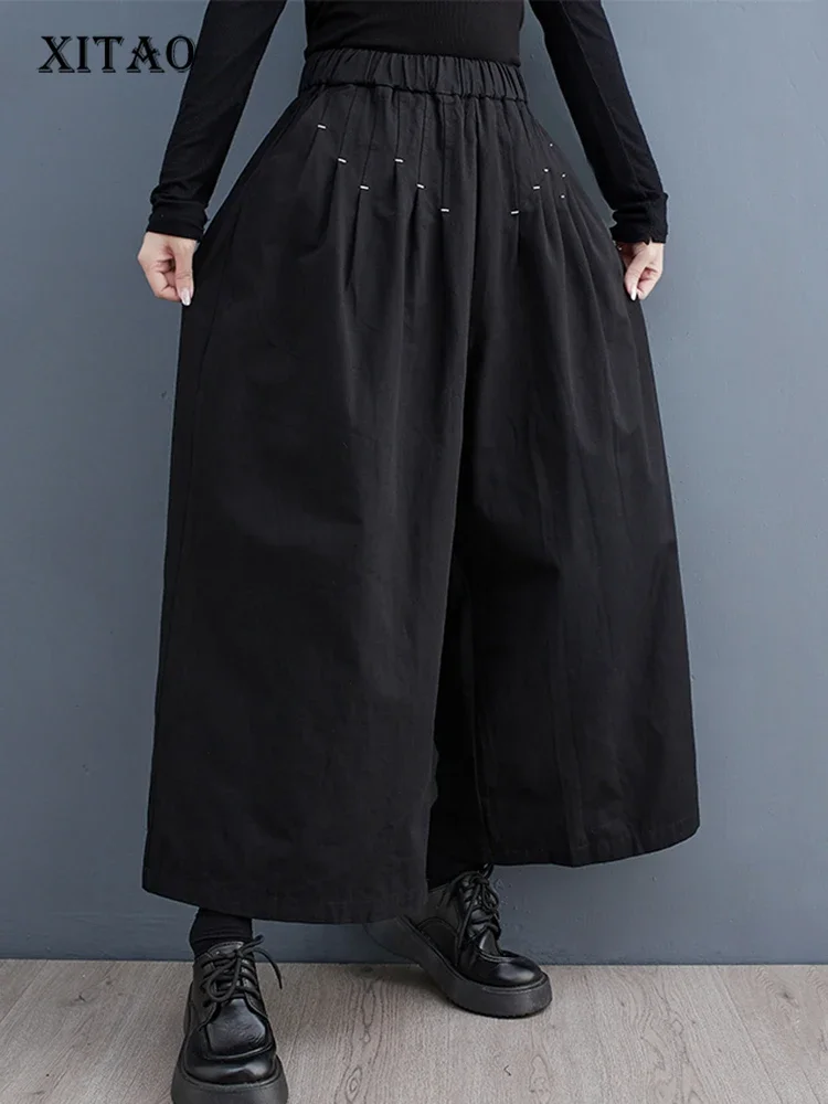 

XITAO Loose Casual Ankle Length Pants Elastic Waist Simplicity Fashion Appear Thin 2024 Autumn Women Wide Leg Pants DMJ2582