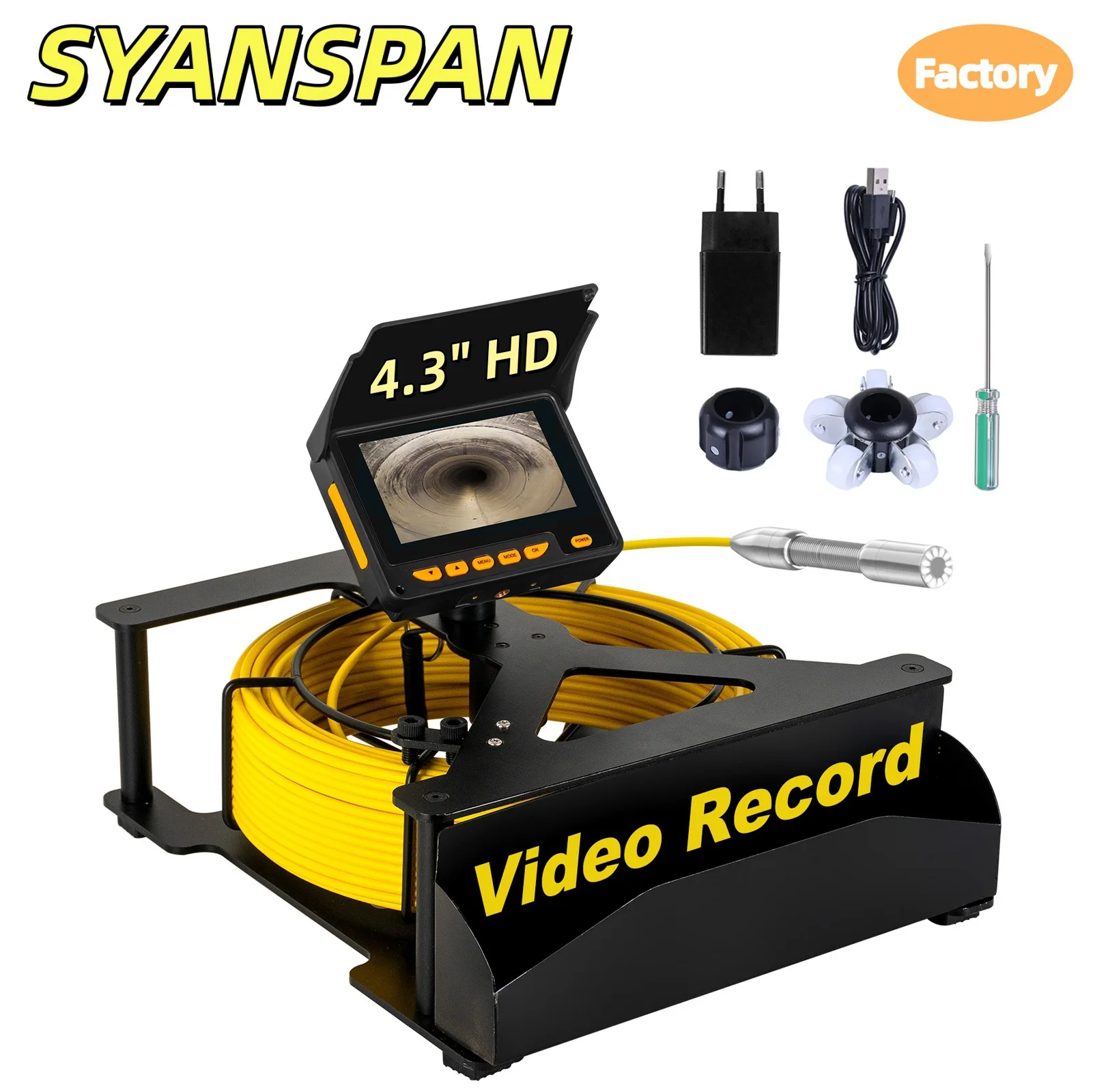 SYANSPAN 4.3-Inch Sewer Camera Pipeline Inspection Camera 16GB DVR 8500mAh Battery 10m-50m Cable
