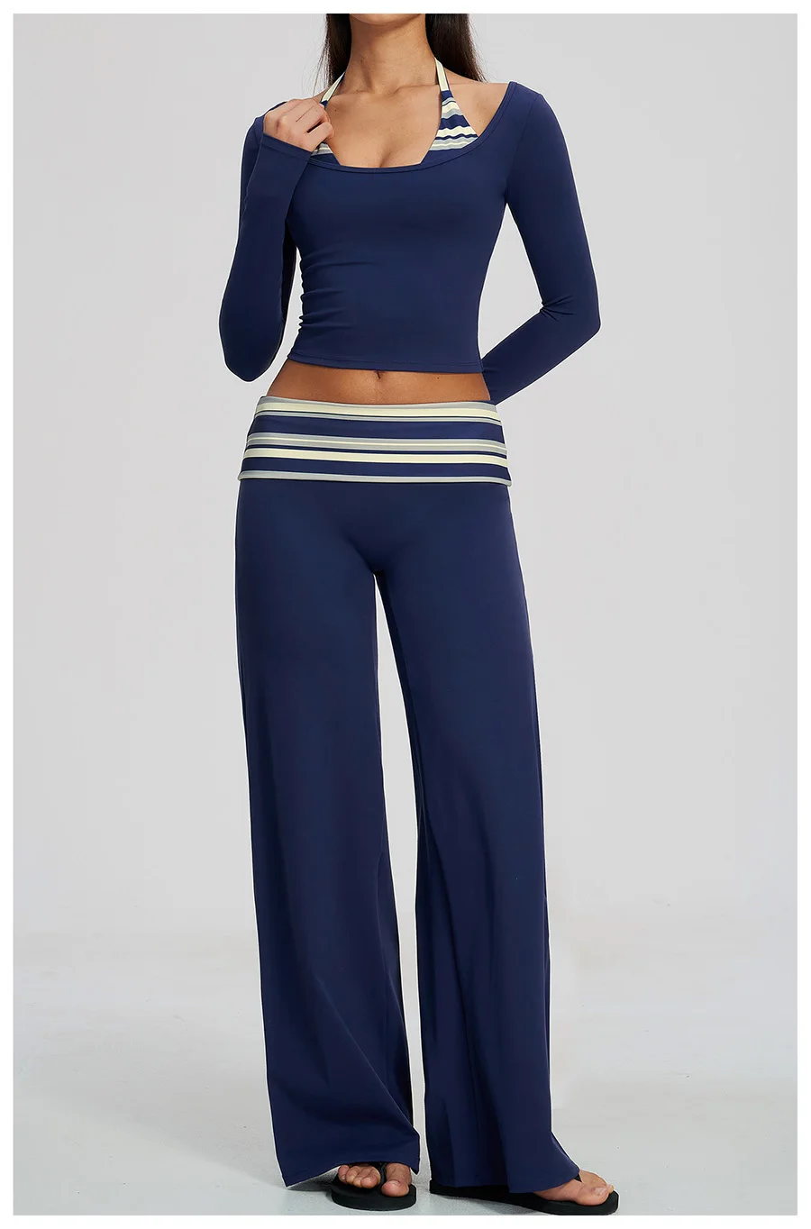 2-teiliges Yoga-Set, Damen-Trainingsanzug, modisches, gestreiftes Workout-Set, Gym-Shorts, Outfit, hochtailliert, Po-Lifting, lange Ärmel, Yoga-Kleidung – Detail 8