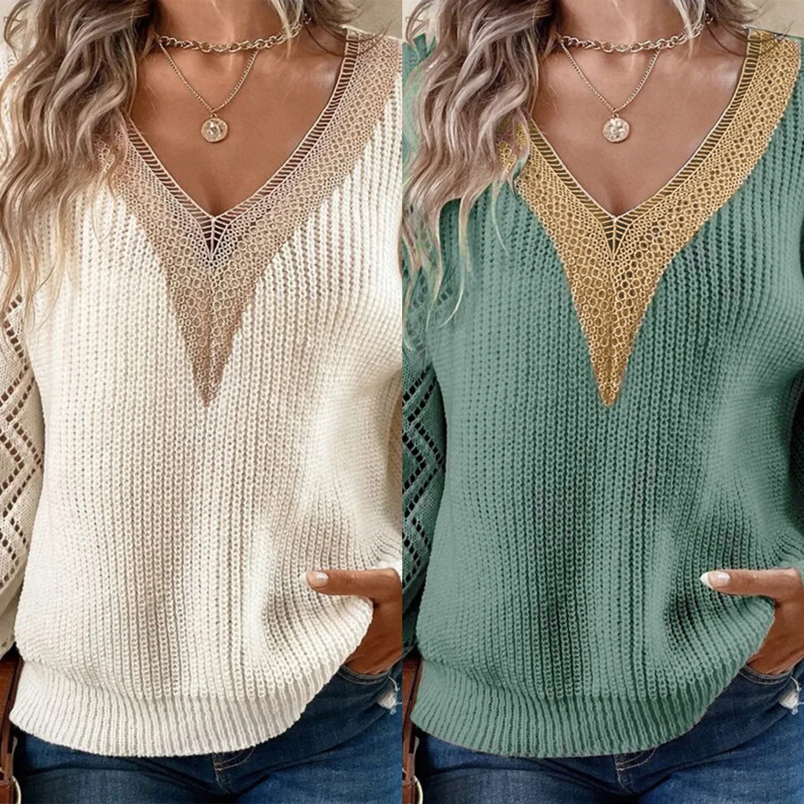 Women Lounge Knit Jumper Pullover Lace Ribbed Sweater Tops Casual Elegant Comfy Chic Fall Trendy Tops