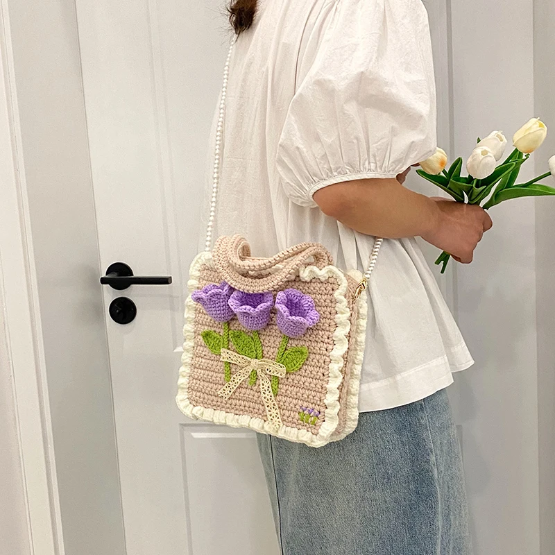 Handmade DIY Tulip Small Square Bag Crocheted Wool Handbag Crossbody Material Kit Chinese Production Medium Thickness Yarn