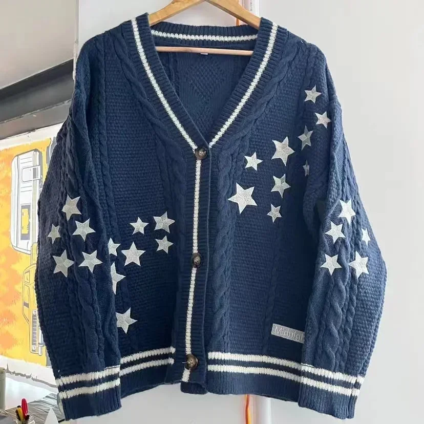 Casaco feminino de malha azul bordado estrela, suéteres Y2K, solto, algodão, quente, moda para amantes, outono