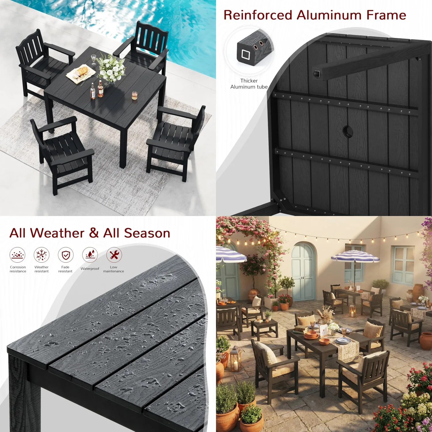

5pc All-Weather HIPS Aluminum Patio Dining Set with Umbrella Hole Outdoor Table for 4 Never Rot Fade Customized