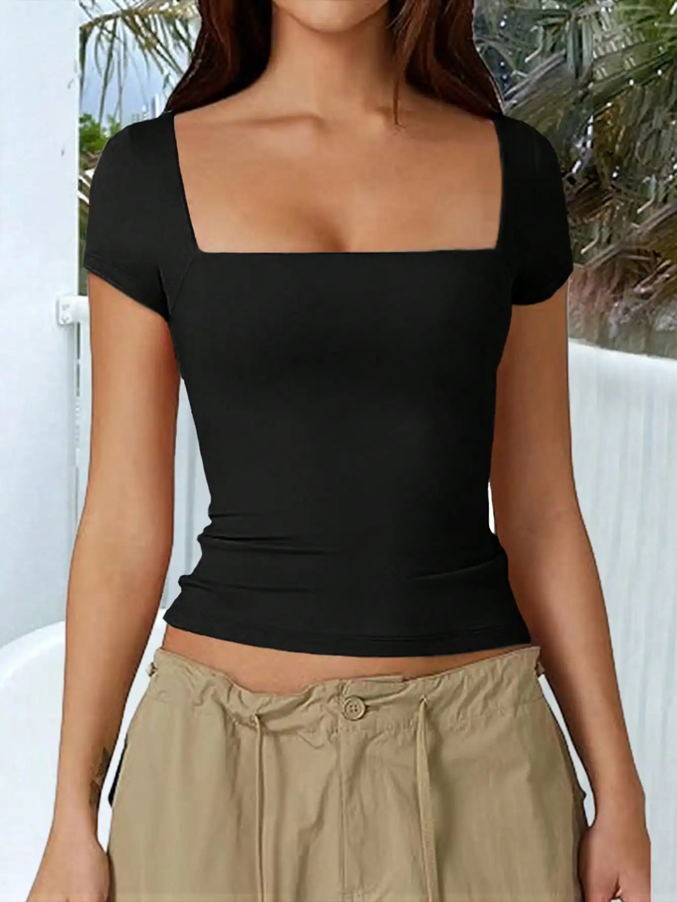 

Vaiaye Women's Solid Color Knit Square Neck Sexy Slim Y2K Short-Sleeved T-Shirt,Spring-Summer Sports And Fitness Top,Suitable Fo