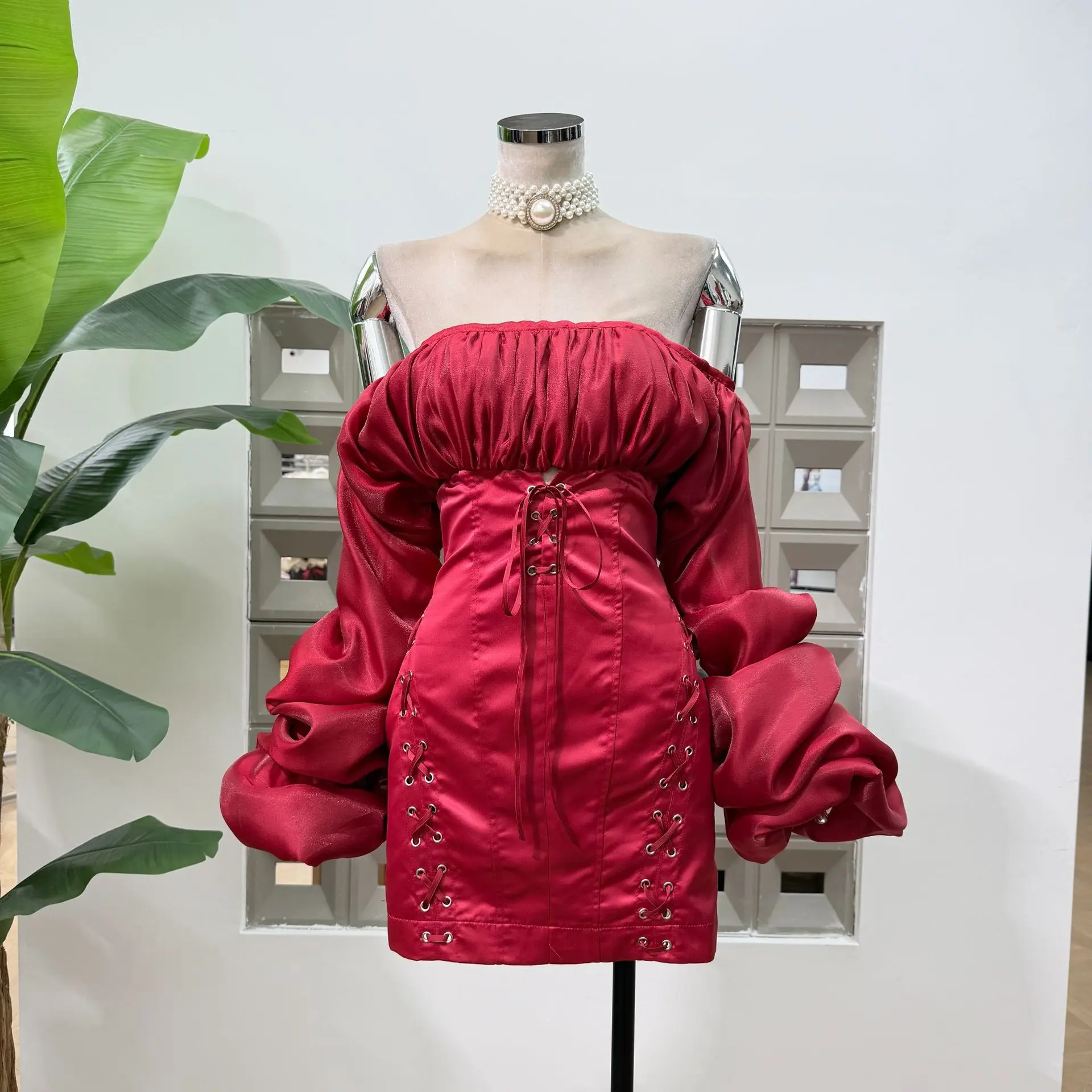 

Women’s Burgundy Off Shoulder Puff Sleeve Lace-Up Satin Bodycon Mini Dress Vintage Glam Party Gown