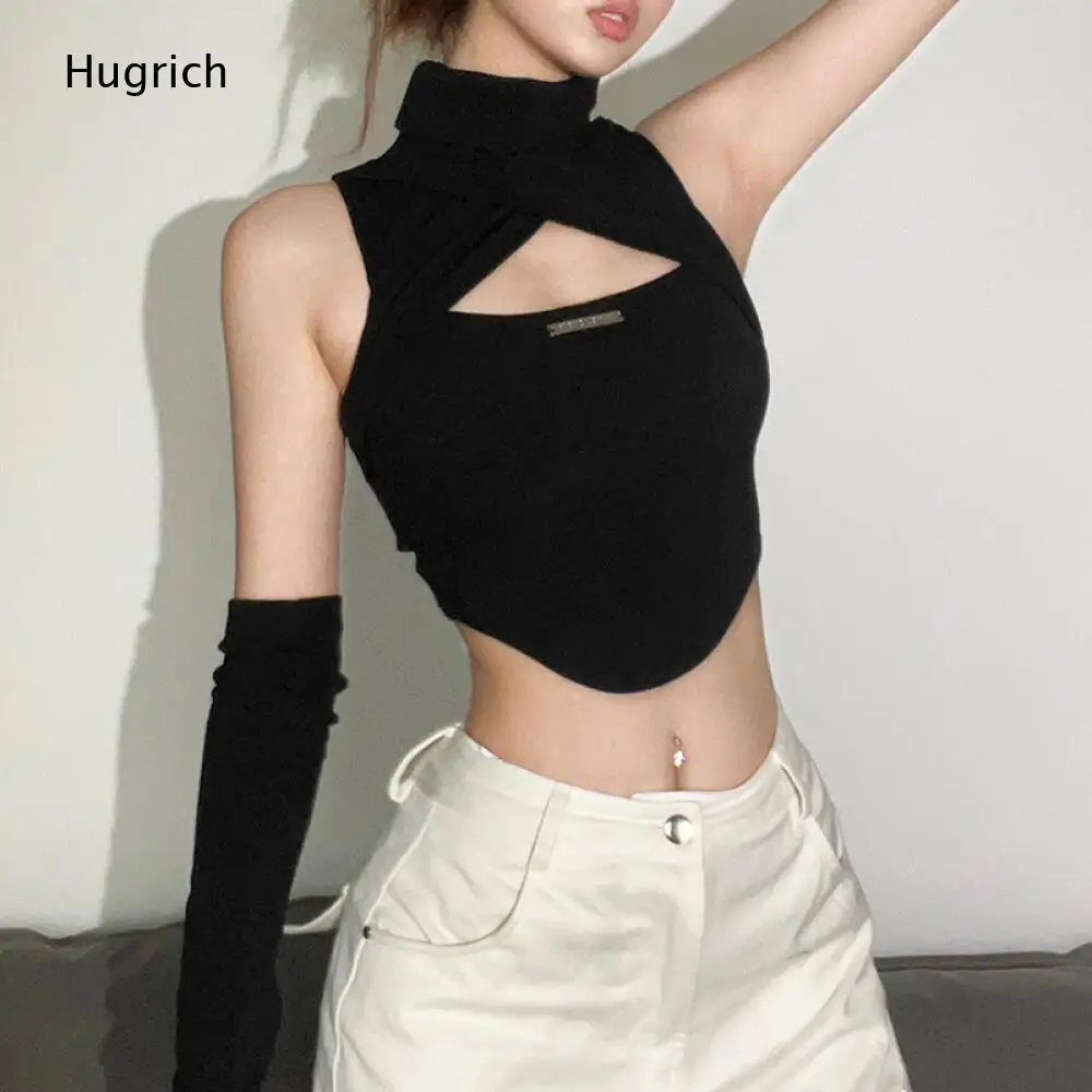 Detachable Finger Cut Sleeve Turtleneck Top Women Black Cross Front Curved Hem Sleeveless Slim Layering Tank