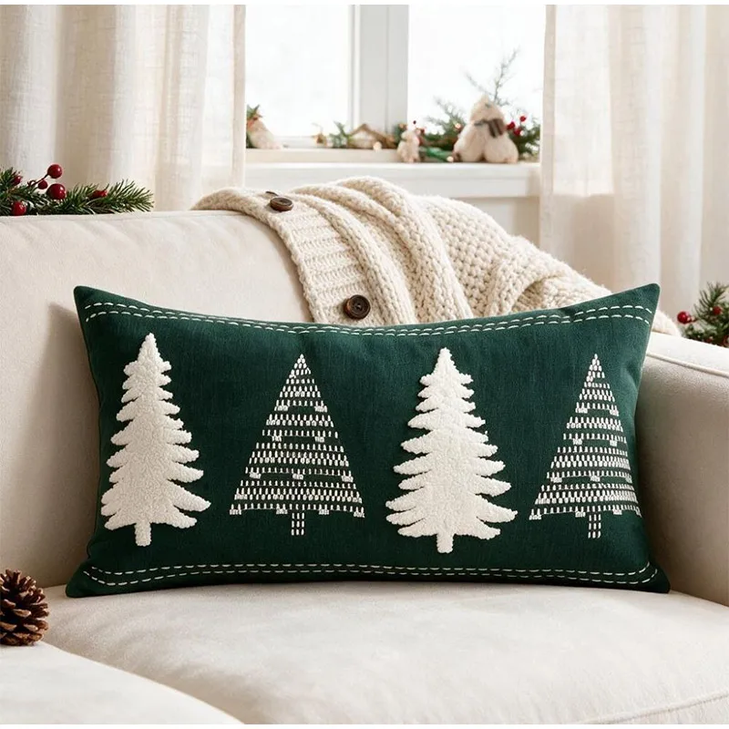 Christmas Tree Embroidered Plush Throw Pillow Cover Green Holiday Cushion Case for Sofa Living Room Bedroom Lumbar Decor