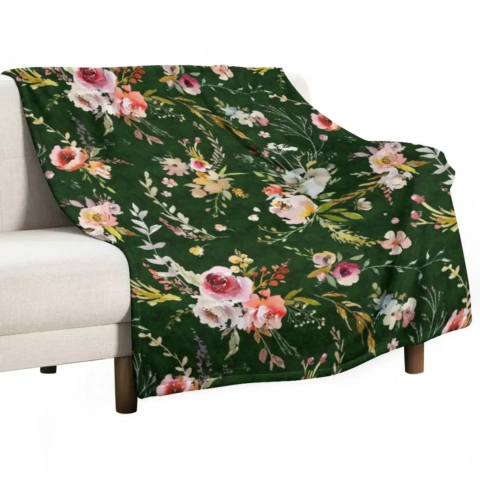 

Meadow Floral - Dark green Throw Blanket Lightweight Warm Blanket for Travel Camping