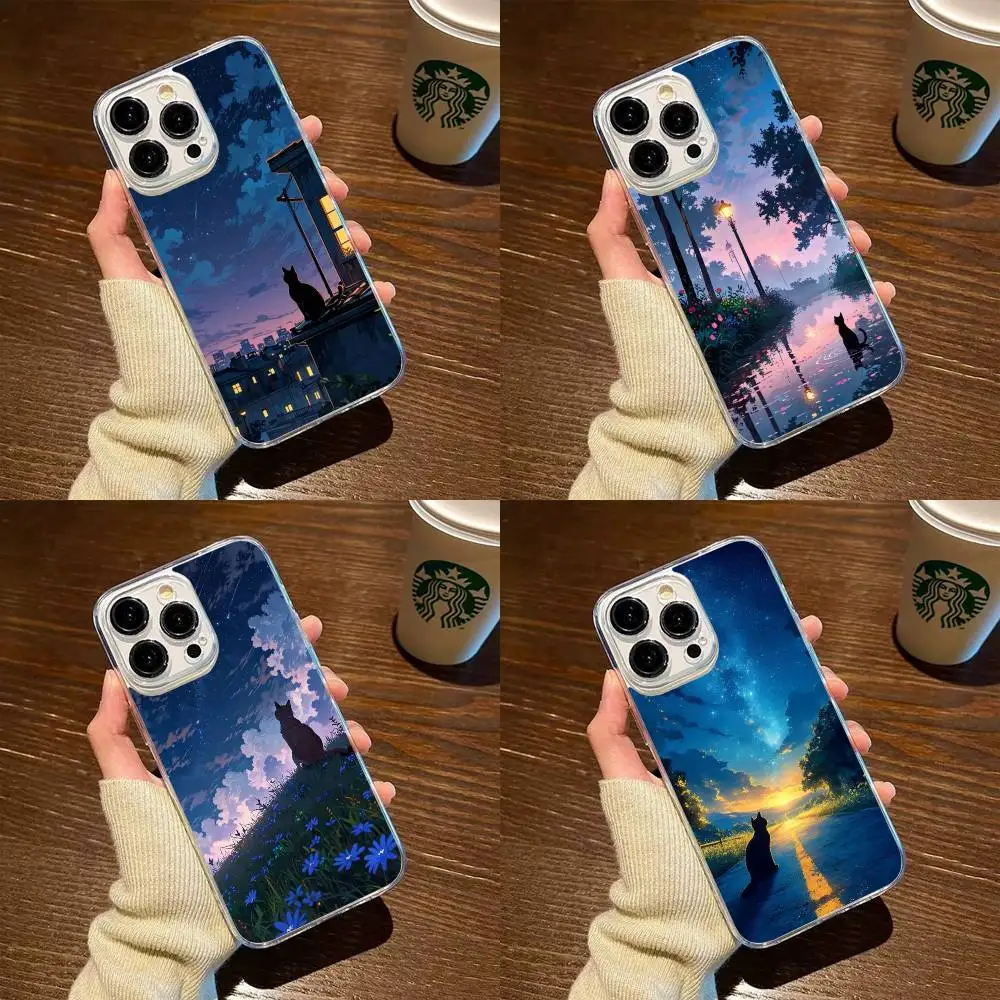حافظة هاتف قطة تنظر إلى النجوم في السماء الليلية لهاتف آيفون 17,16,15,14,13,12,11 Plus,Pro Max غطاء شفاف ناعم #1