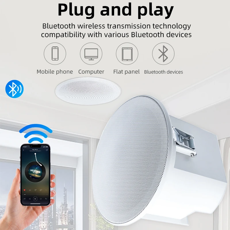 4 Inch Home Audio Ceiling Bluetooth Speaker Stereo Home Recessed Speaker System For Indoor Kitchen Bedroom Bathroom Office Hotel