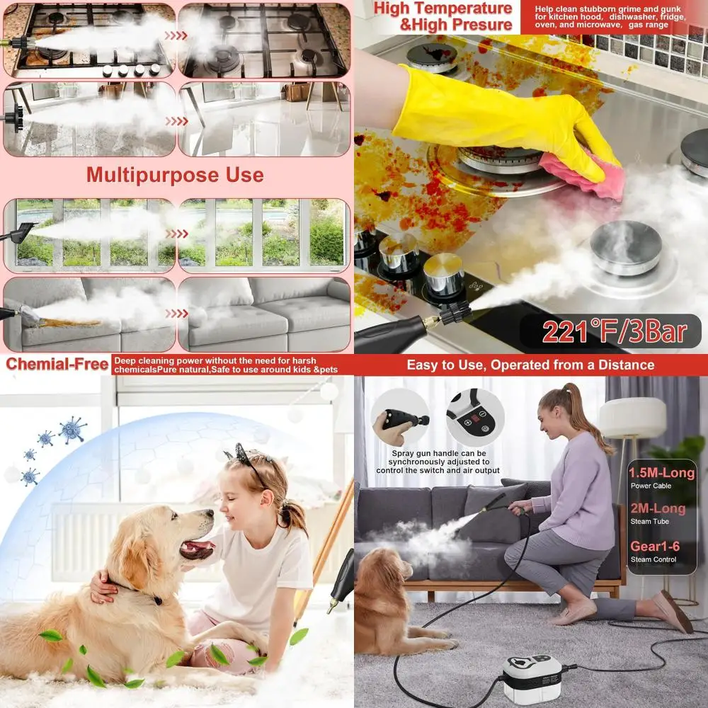 

Quick Heat Portable Steam Cleaner: 15s Ready, 1.2L Tank, Adjustable Handle, Multi-Surface Cleaning, 9 Accessories