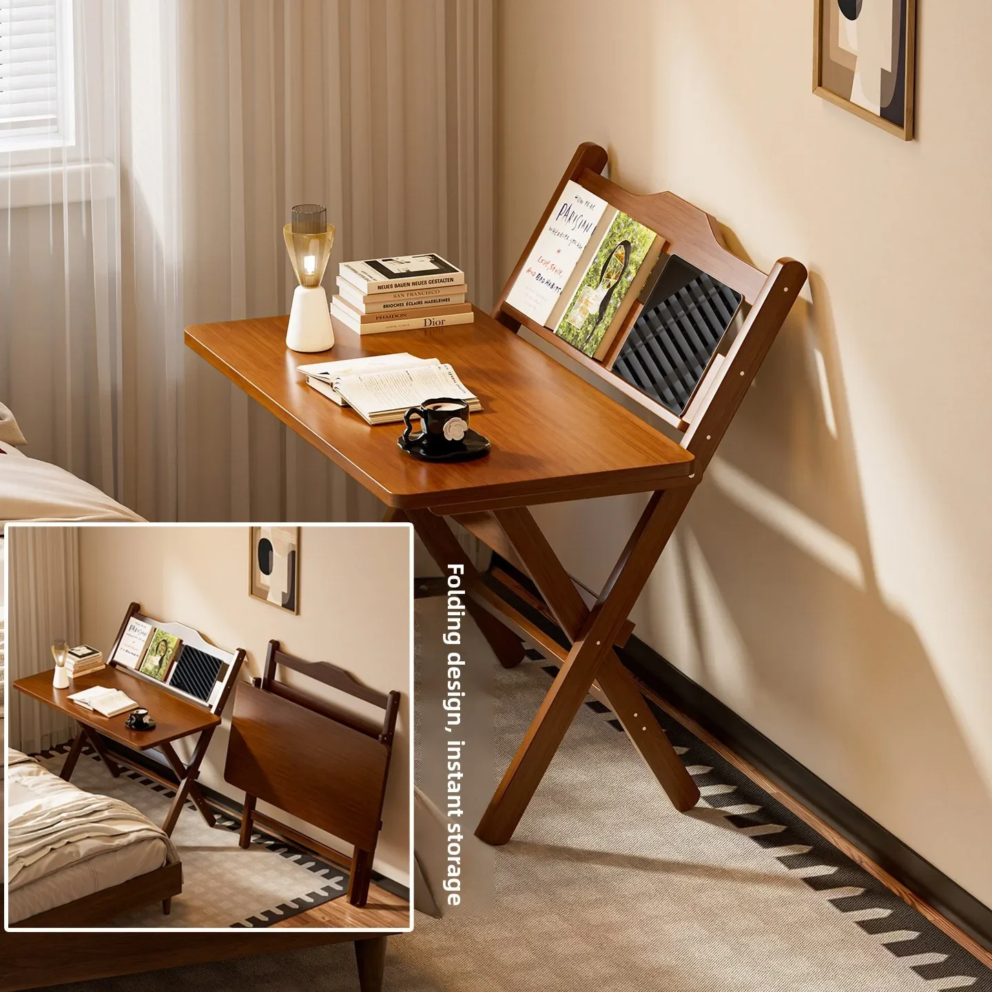 New family student bedroom study desk, retro folding office desk, simple bamboo folding desk, widened computer desk, garden desk
