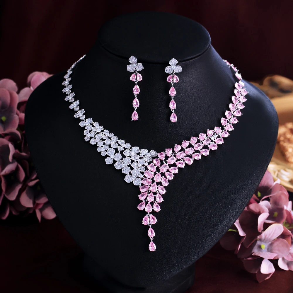 CWWZircons Beautiful Flower Leaf and Pink Water Drop Cubic Zirconia Luxury Big Necklace Bridal Jewelry Sets for Wedding T760