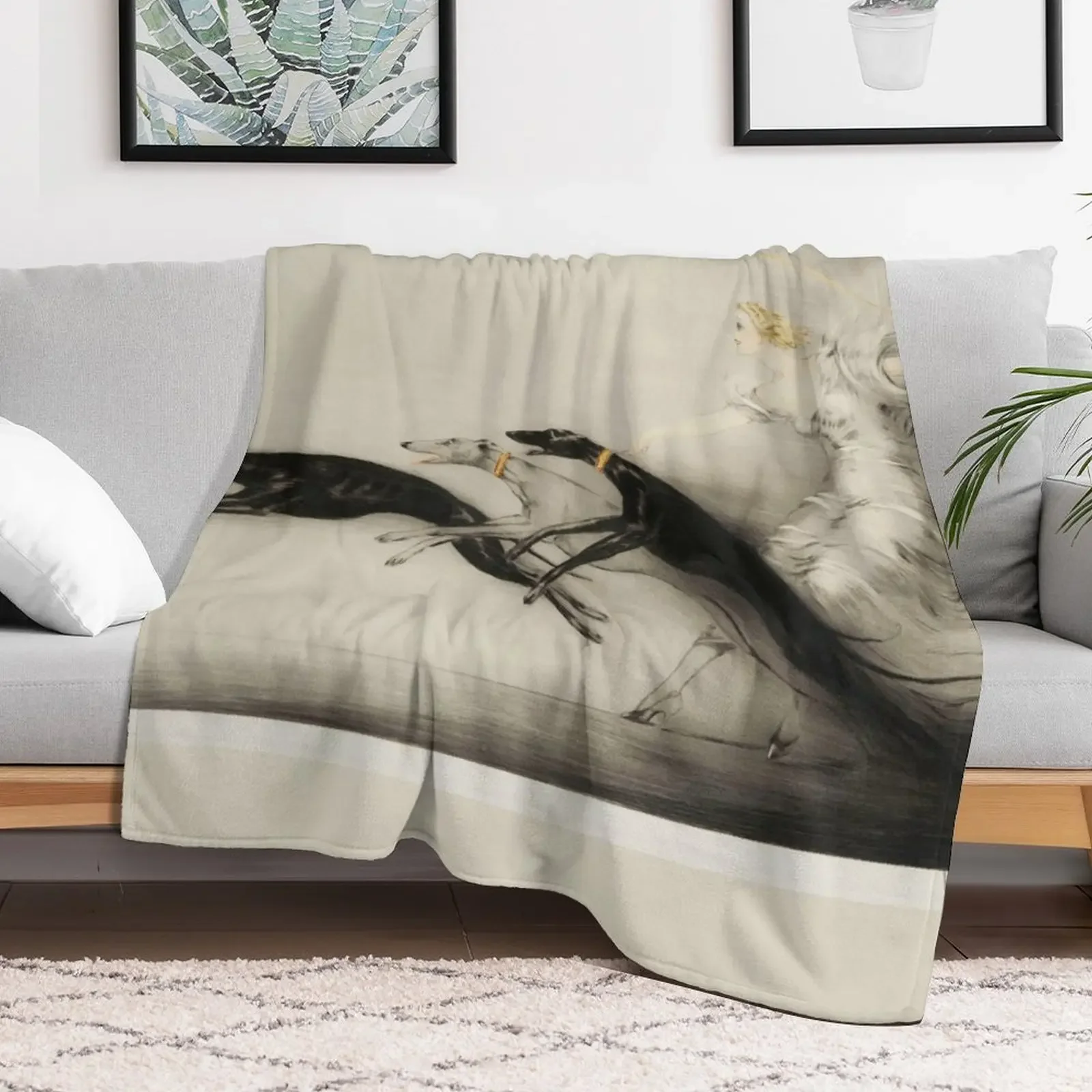 Vintage Art Deco illustration, woman walking her greyhound dogs Throw Blanket Flannels Stuffeds Polar Blankets