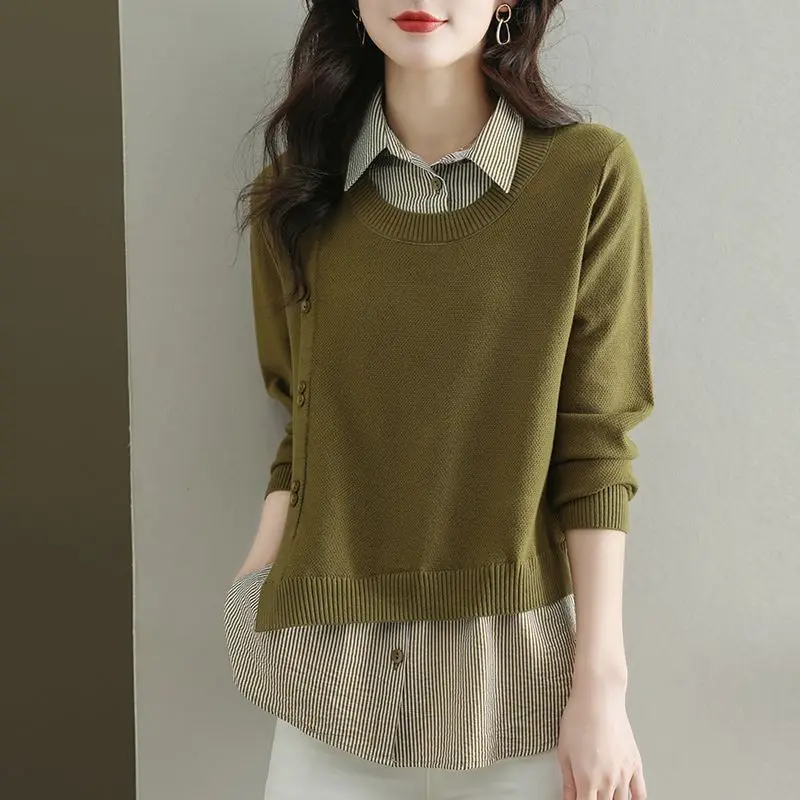 Lady Fashion Fake Two Pieces Sweaters Korean Loose Polo-Neck Patchwork Long Sleeve Knitted Tops Autumn Winter Women's Clothing