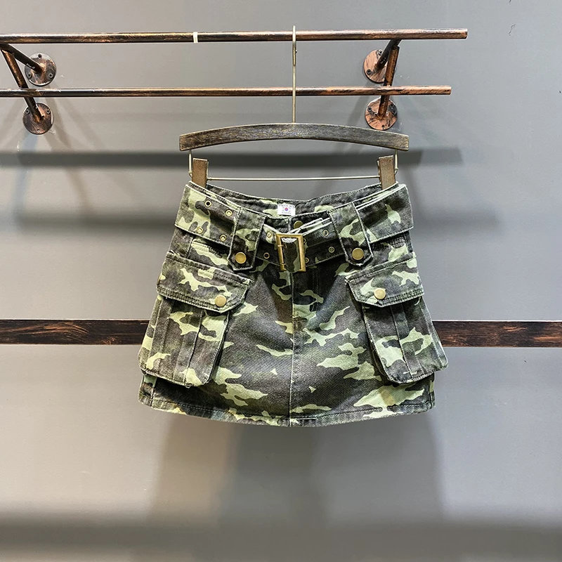 Trend Streetwear Camouflage Denim Skirt Women's Bandage Designer High-waisted Cargo Skirts Female 2024 Spring New